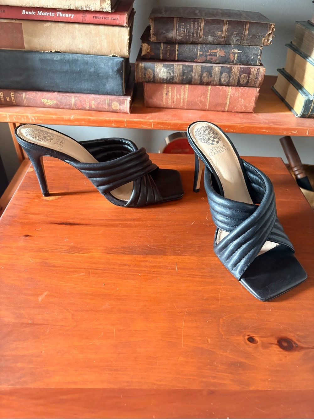 Vince Camuto Black Quilted Crossover Mule Heels